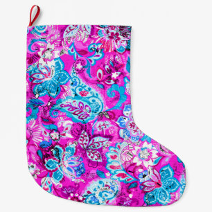 Meia De Natal Grande Padrões de flores azuis cor-de-rosa fofos