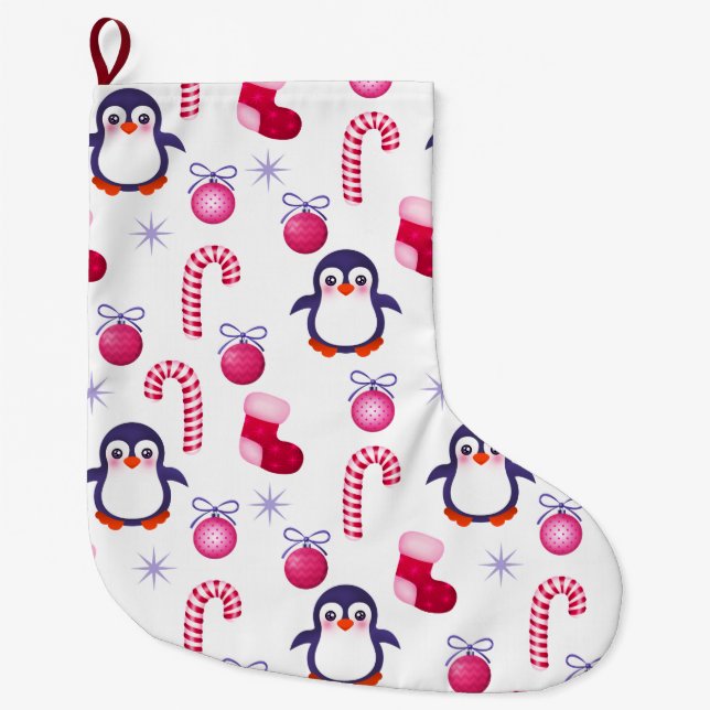 Meia De Natal Grande Padrões de Natal Rosa e Branco bonitos com pinguin (Frente)