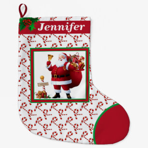 Meia De Natal Grande Papai Noel Candy Nome Vermelho e Verde