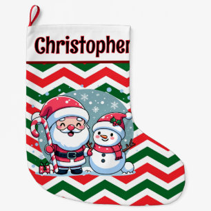 Meia De Natal Grande Papai Noel e boneco de neve charmosos listrados de