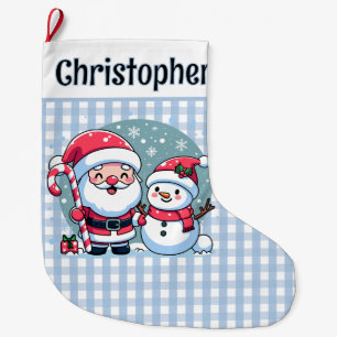 Meia De Natal Grande Papai Noel e Boneco de Neve Xadrez Azul e Branco F