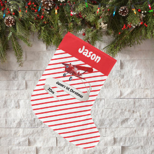 Meia De Natal Grande Papai Noel Fofo & Avião, Primeiro Natal, Personali