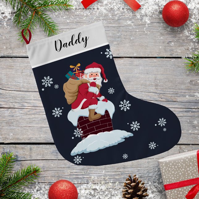 Meia De Natal Grande Papais noeis em Flocos de Neve na Família Personal (Santa on Roof Top Chimney Custom Family Snowflakes Large Christmas Stocking)