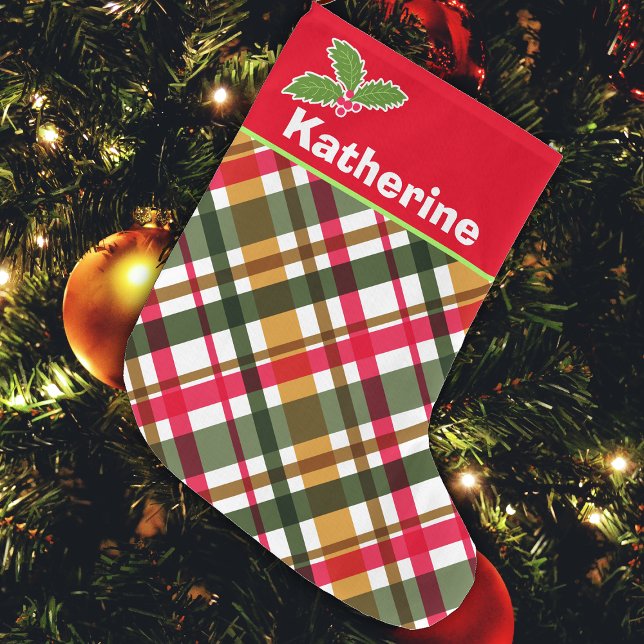 Meia De Natal Grande Paragem de Xadrez das Cores de Natal (Christmas Festival Spirit Colors Plaid Design. )