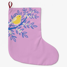 Meia De Natal Grande Pássaro Amarelo Ilustrado em um Fundo Rosa