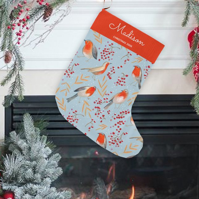 Meia De Natal Grande Pássaro Azul Bonito Nome de Feriado de Natal (Cute Blue Bird Pattern Christmas Holiday Name Large Christmas Stocking)