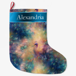 Meia De Natal Grande Pássaros Penas Azuis Dourado Nome de Natal