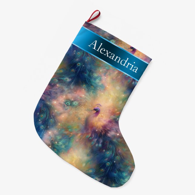 Meia De Natal Grande Pássaros Penas Azuis Dourado Nome de Natal (Frente (Pendurada))