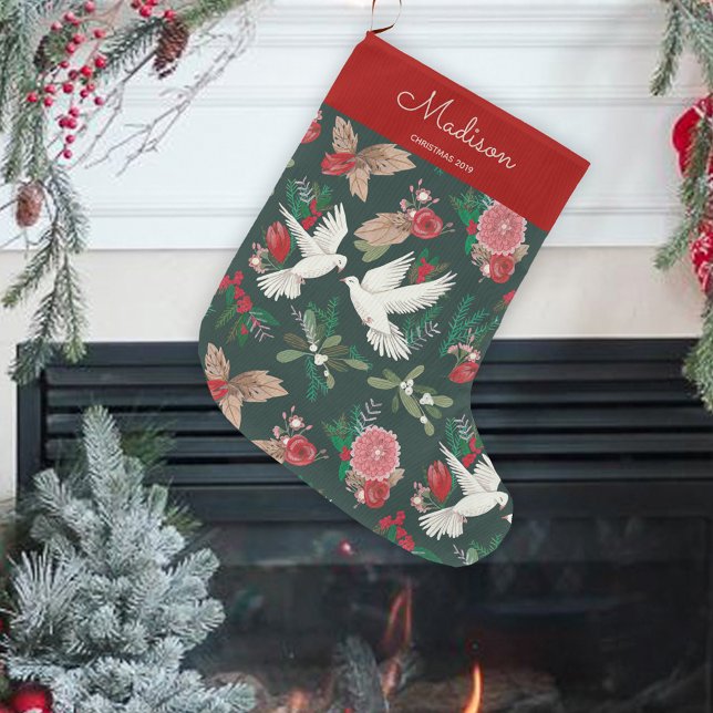 Meia De Natal Grande Pássaros Verdes e Vermelhos Botânicos Dóvora padrã (Botanical Green & Red Birds Doves floral pattern Large Christmas Stocking)