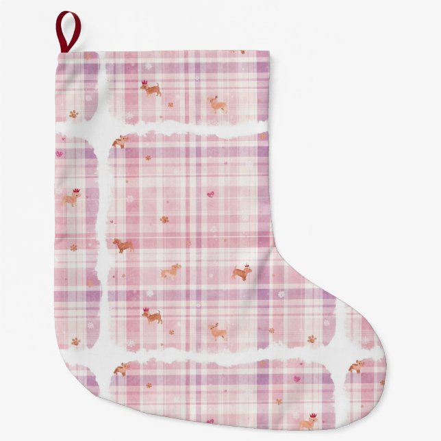 Meia De Natal Grande Pastel Pink Puppy Christmas Stocking with Crowns (Frente)