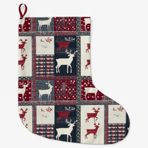 Meia De Natal Grande Patchwork do Fair Isle Knited   Reindeer Russo (2)