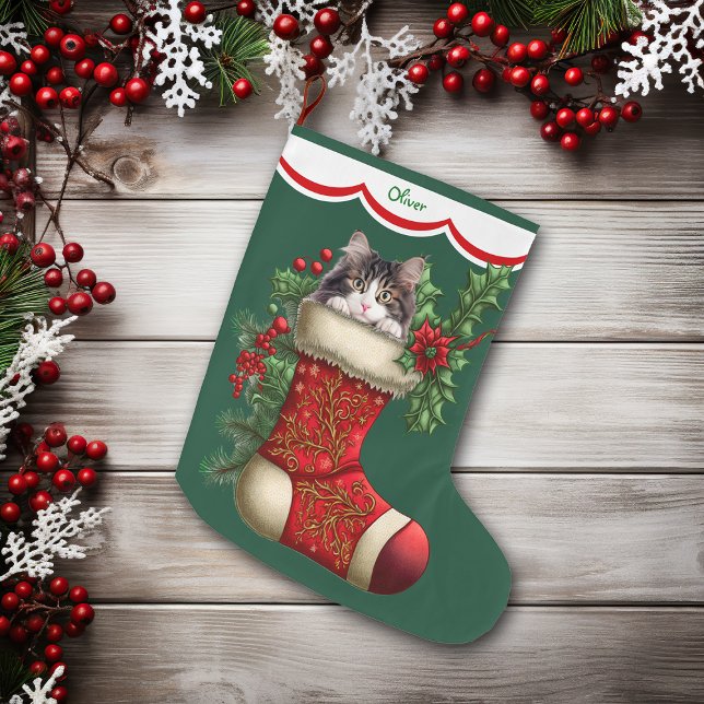 Meia De Natal Grande Peeking de Gato Branco da cinza (Criador carregado)