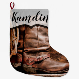Meia De Natal Grande Personalizado a deter Cowboy Boots Barn Wood Rusti
