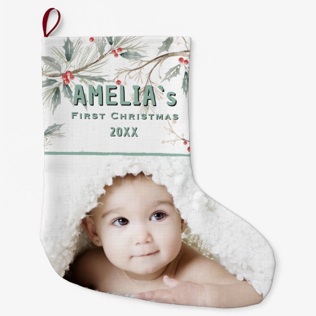 Meia De Natal Grande Personalized Baby First Christmas Berry Photo (Frente)