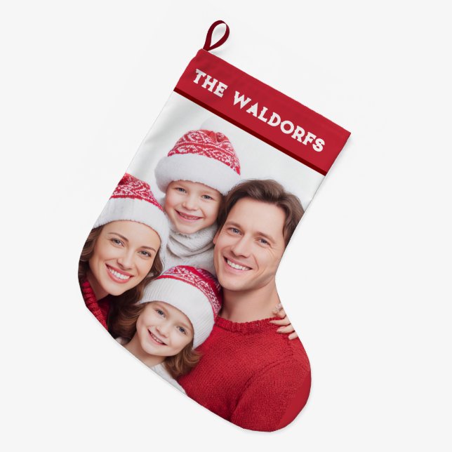 Meia De Natal Grande Personalized Family Photo Christmas Stocking (Frente (Pendurada))