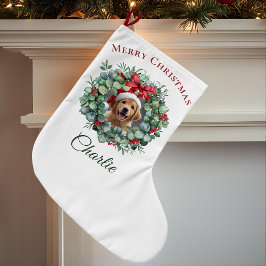 Meia De Natal Grande Personalized Pet Christmas with Wreath & Name