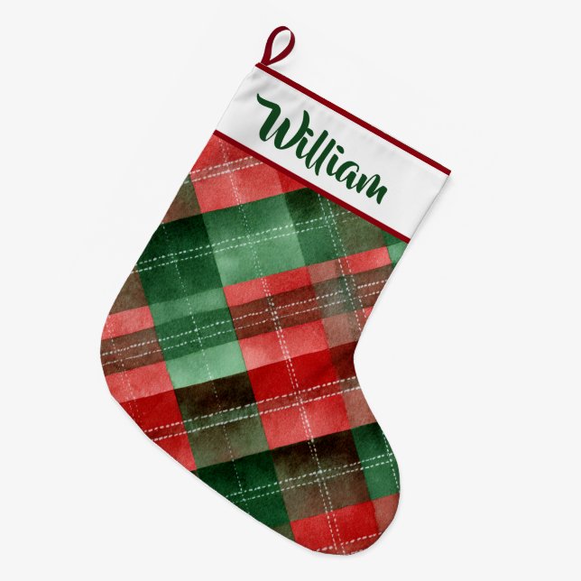 Meia De Natal Grande Personalized Red & Green Plaid Christmas Stocking  (Frente (Pendurada))