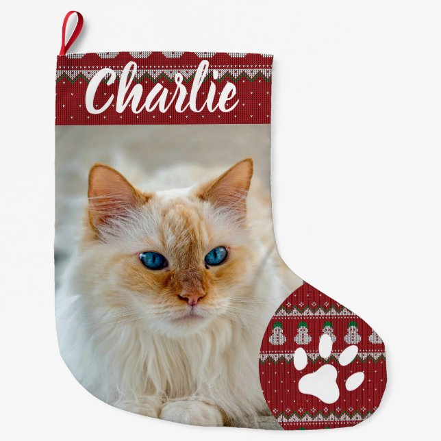 Meia De Natal Grande Personalized Simple Paw Pet Photo Monogram Name (Frente)