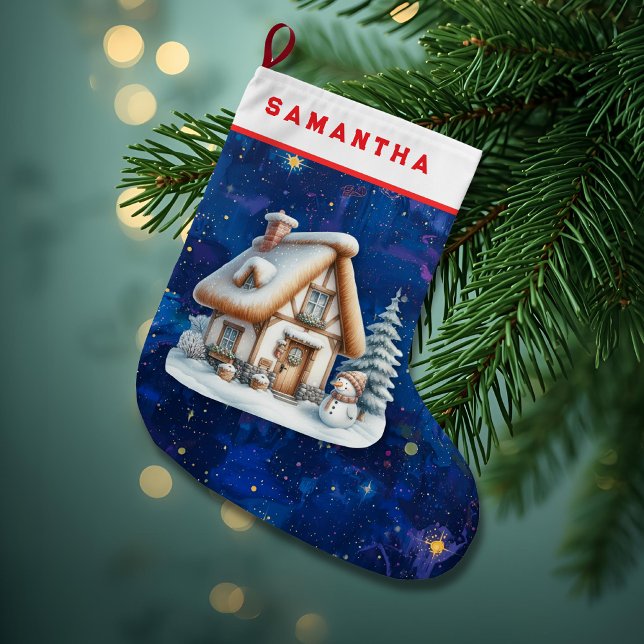 Meia De Natal Grande Personalized Snowman & Cabin Christmas Stocking  (Criador carregado)