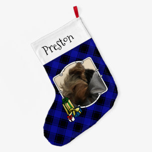 Meia De Natal Grande Pet de Xadrez Azul e Preto com 2 Fotografias Perso