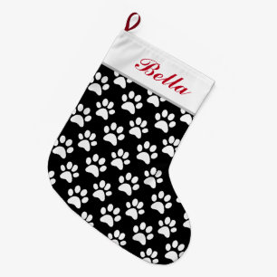 Meia De Natal Grande Pet Dog Cat Name Black White Paw Prints
