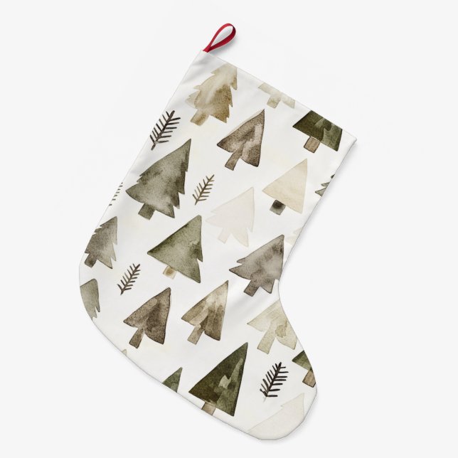 Meia De Natal Grande Pine Green Cream Árvores de Natal (Frente (Pendurada))