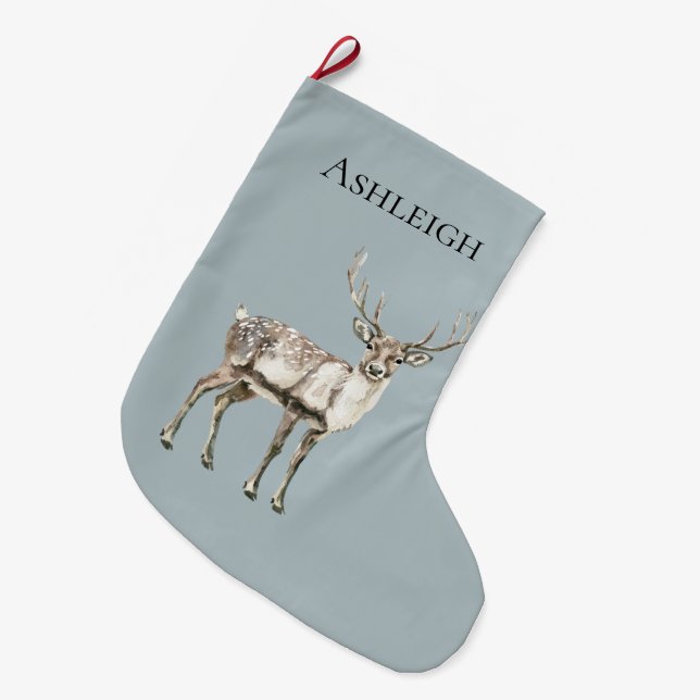 Meia De Natal Grande Pine Green Deer Name (Frente (Pendurada))