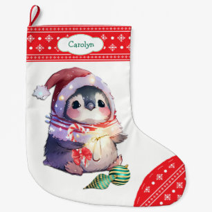 Meia De Natal Grande Pinguim Fofo Floco de Neve Borda Vermelha Crianças