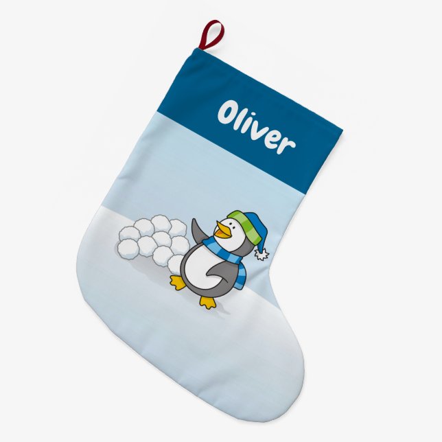 Meia De Natal Grande Pinguim pequeno com bolas de neve acenando (Frente (Pendurada))