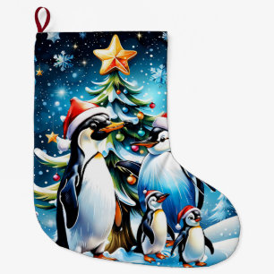 Meia De Natal Grande Pinguins bonitos num estilo animado,