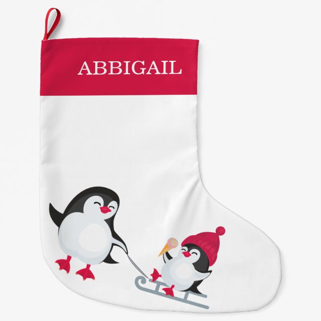 Meia De Natal Grande Pinguins de Natal bonitos com o nome do bebê (Frente)