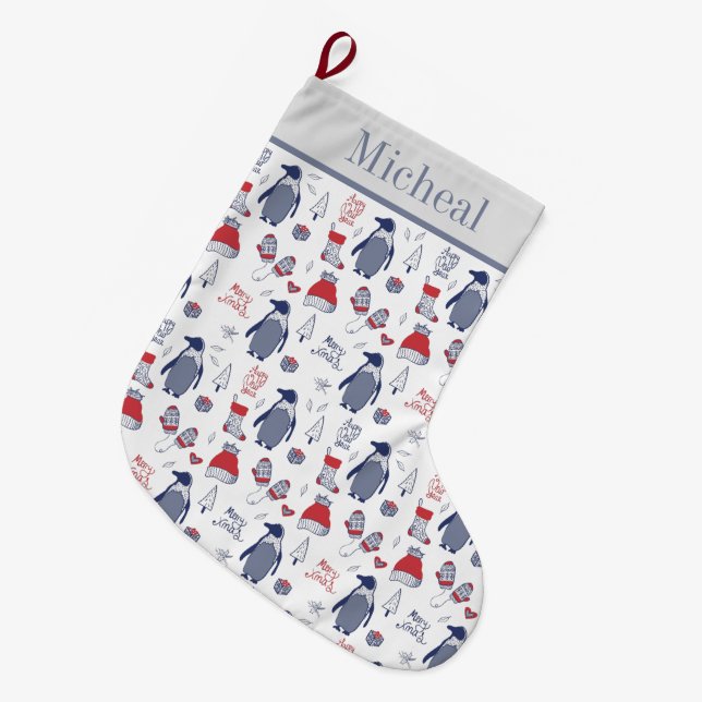 Meia De Natal Grande Pinguins de Natal: Padrões de luvas (Frente (Pendurada))