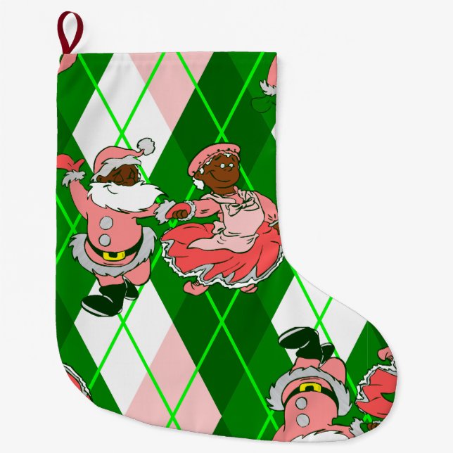 Meia De Natal Grande pink christmas black santa wife plaid  (Frente)