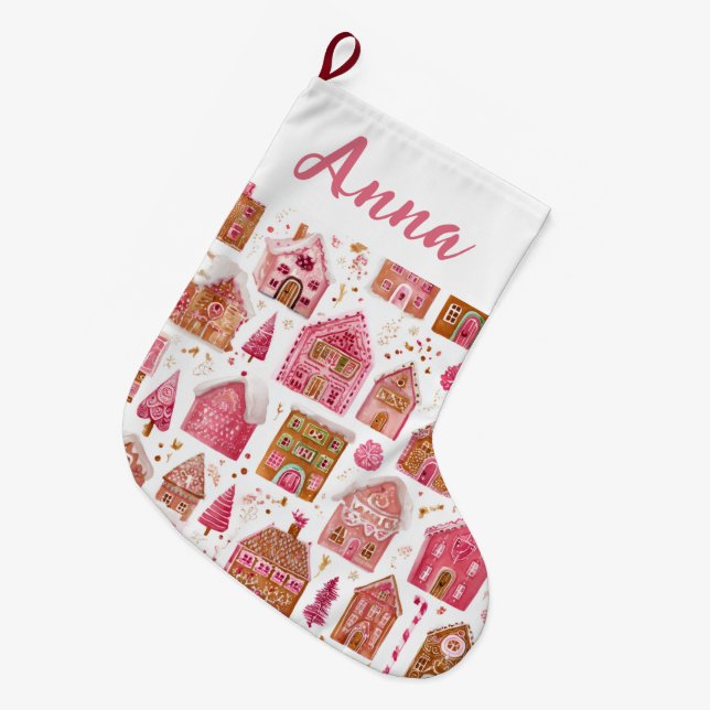 Meia De Natal Grande Pink Whimsical Gingerbread Houses Name Stocking (Frente (Pendurada))