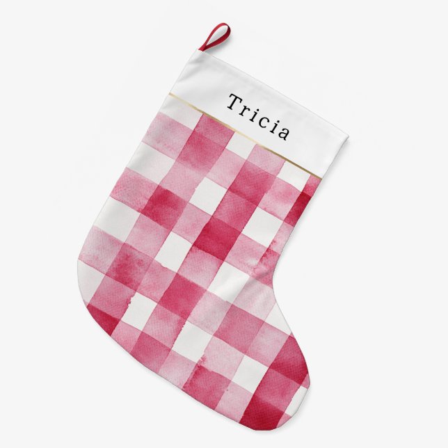 Meia De Natal Grande Pink White Plaid Stripes Christmas (Frente (Pendurada))