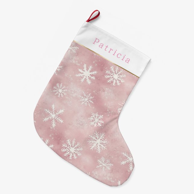 Meia De Natal Grande Pink White Snowflakes Christmas (Frente (Pendurada))
