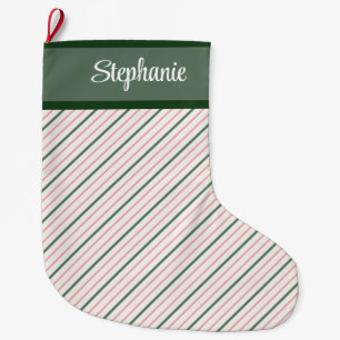 Meia De Natal Grande Pinstripe rosa e verde com nome
