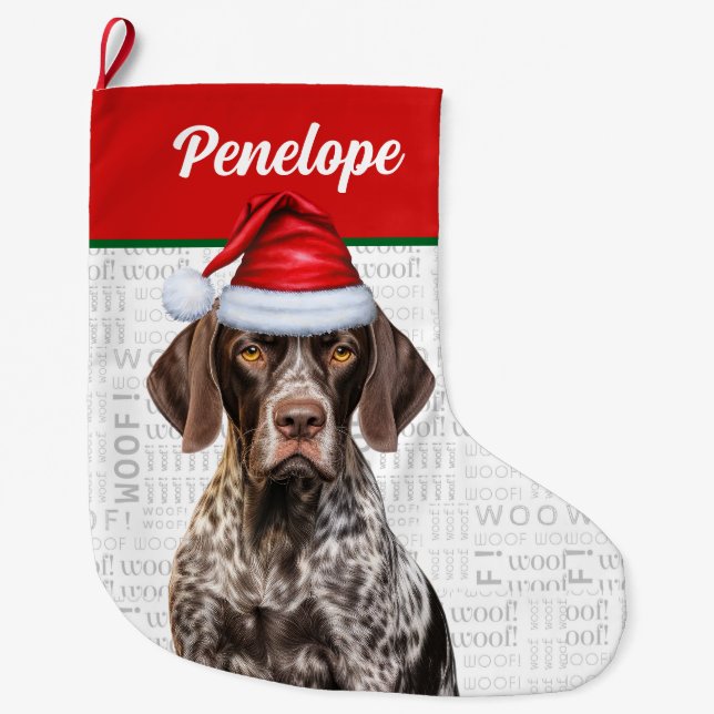 Meia De Natal Grande Ponteiro Shorthair de Natal Alemão com o Nome Woof (Frente)