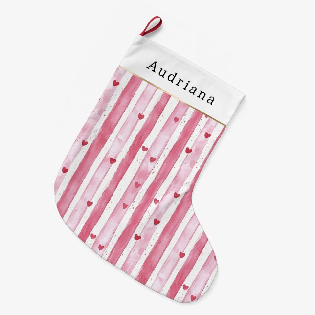 Meia De Natal Grande Pretty White Pink Hearts Stripes Christmas (Frente (Pendurada))