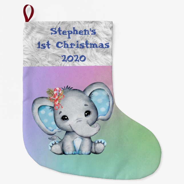 Meia De Natal Grande Primeiro Natal do Bebê Elefante Azul (Frente)
