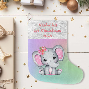 Meia De Natal Grande Primeiro Natal do Bebê Elefante Rosa
