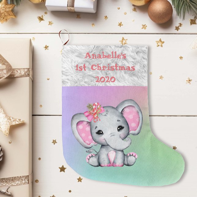 Meia De Natal Grande Primeiro Natal do Bebê Elefante Rosa (Criador carregado)