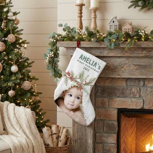 Meia De Natal Grande Primeiro Natal do Bebê Personalizado com Foto de F
