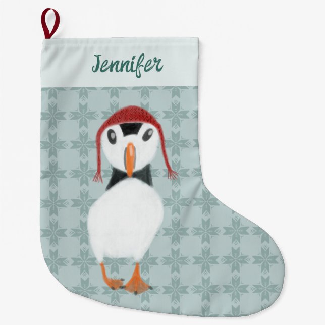 Meia De Natal Grande Puffin no Chapéu de inverno personalizado (Frente)