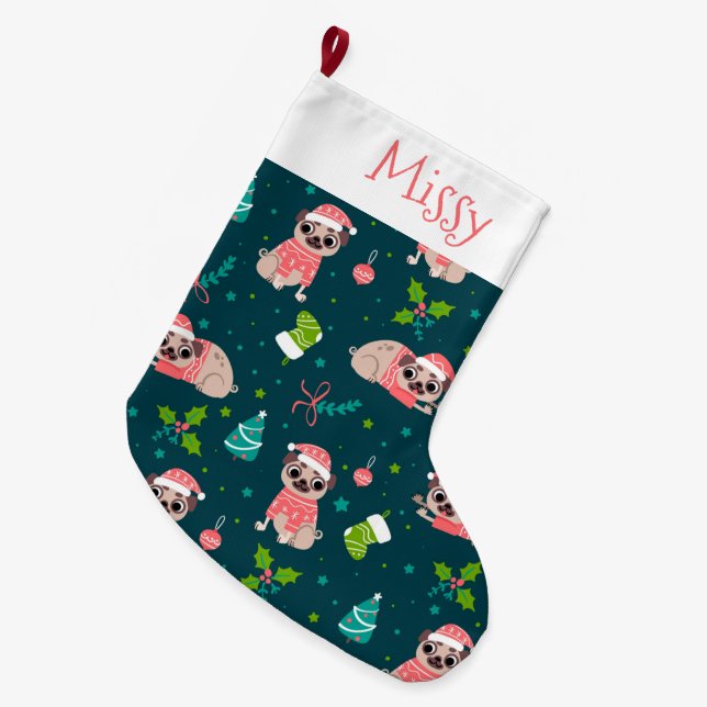 Meia De Natal Grande Pug Gato (Frente (Pendurada))