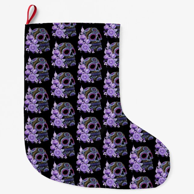 Meia De Natal Grande Purple Floral Black Sugar Skull Dia Dos Mortos (Frente)