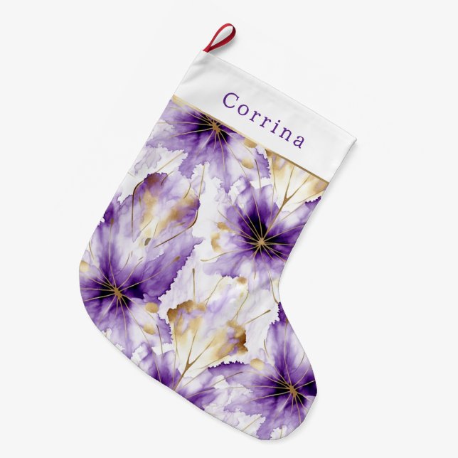 Meia De Natal Grande Purple White Gold Abstract Iris Floral (Frente (Pendurada))