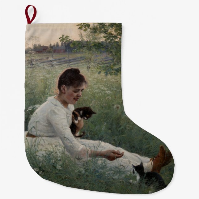 Meia De Natal Grande Rapariga com Gatos na Paisagem de Verão (Kittens) (Frente)