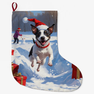 Meia De Natal Grande Rat Terrier Correndo na Neve com Chapéu de Natal
