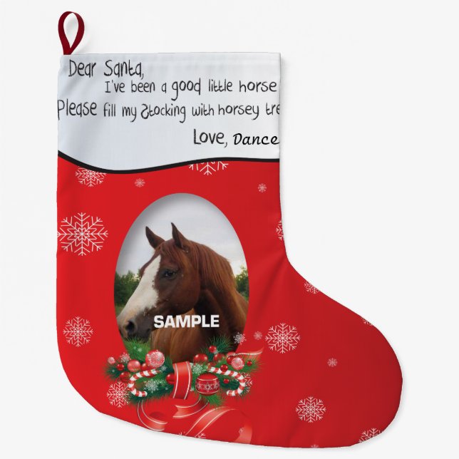 Meia De Natal Grande Red ADD YOUR HORSE Photo and Name Queridos Papais  (Frente)